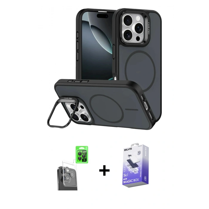 MARSİLYAN™- iPhone 16 Pro Max Kılıf Çekirdek Klasik - Siyah Bilvis 5in1 5D Magic Hayalet Cam Ekran Koruyucu + Raze Metal Kamera Lens - SH