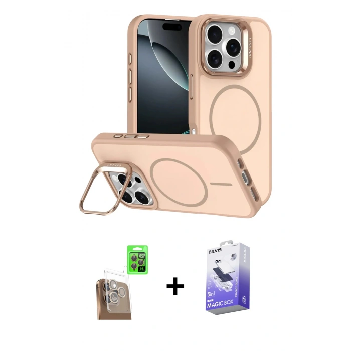 MARSİLYAN™- iPhone 16 Pro Max Kılıf Çekirdek Klasik - Siyah Bilvis 5in1 5D Magic Hayalet Cam Ekran Koruyucu + Raze Metal Kamera Lens - CLTM