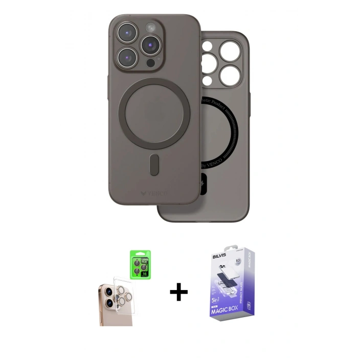 MARSİLYAN™- iPhone 16 Pro Max Kılıf Çekirdek Klasik - Siyah Bilvis 5in1 5D Magic Hayalet Cam Ekran Koruyucu + Natural Grey Raze Metal Kamera Lens