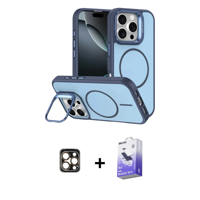 MARSİLYAN™- iPhone 16 Pro Max Kılıf Çekirdek Klasik - Siyah Bilvis 5in1 5D Magic Hayalet Cam Ekran Koruyucu + PVD Metal Kamera Lens - GD
