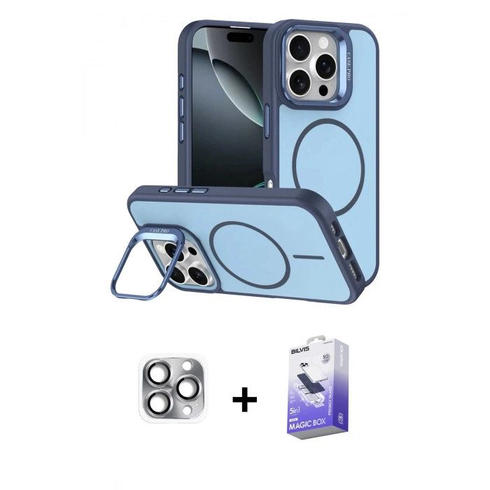 MARSİLYAN™- iPhone 16 Pro Max Kılıf Çekirdek Klasik - Siyah Bilvis 5in1 5D Magic Hayalet Cam Ekran Koruyucu + Pers Alüminyum Kamera Lens - GI