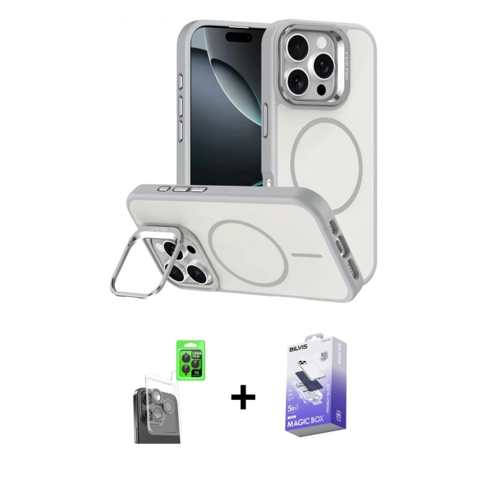 MARSİLYAN™- iPhone 16 Pro Max Kılıf Çekirdek Klasik - Siyah Bilvis 5in1 5D Magic Hayalet Cam Ekran Koruyucu + Raze Metal Kamera Lens - SH