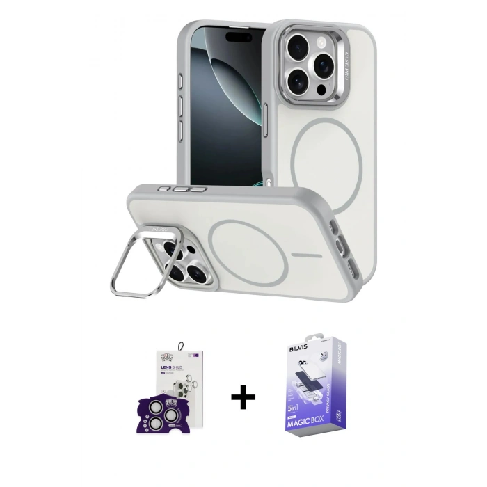 MARSİLYAN™- iPhone 16 Pro Max Kılıf Çekirdek Klasik - Siyah Bilvis 5in1 5D Magic Hayalet Cam Ekran Koruyucu + Gümüş Bilvis Titan Kamera Lens