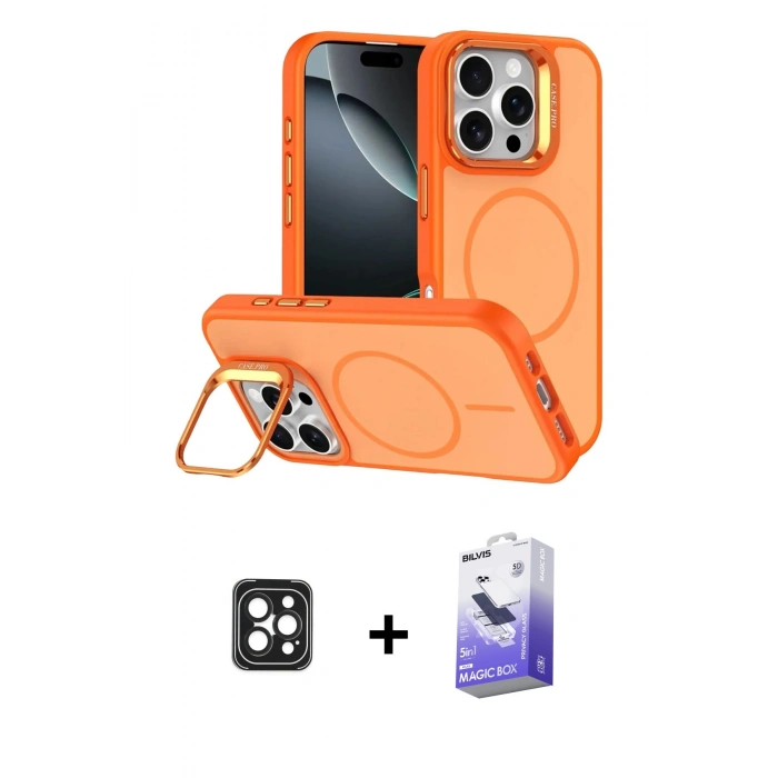 MARSİLYAN™- iPhone 16 Pro Max Kılıf Çekirdek Klasik - Siyah Bilvis 5in1 5D Magic Hayalet Cam Ekran Koruyucu + PVD Metal Kamera Lens - SH