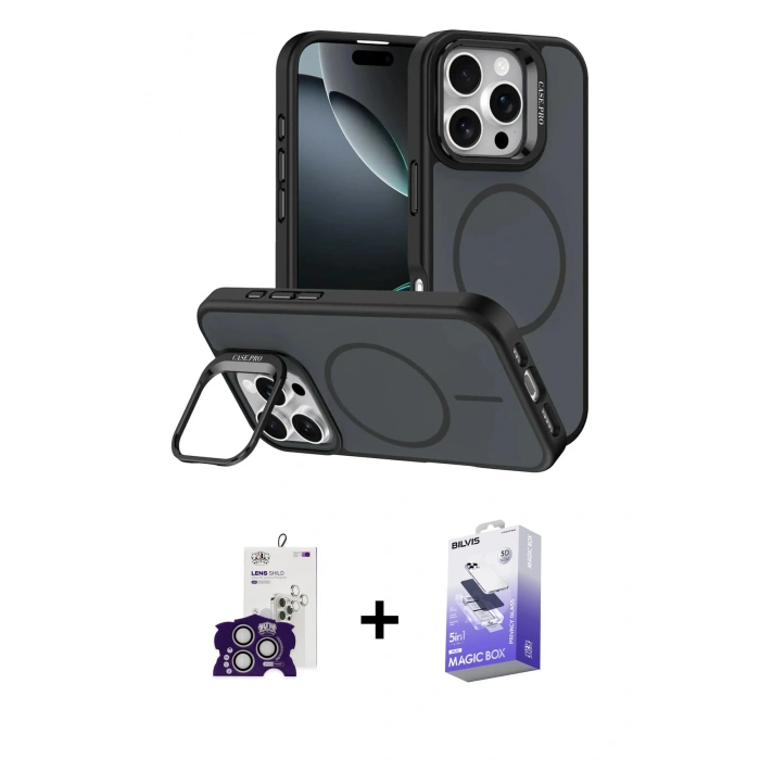 MARSİLYAN™- iPhone 16 Pro Max Kılıf Çekirdek Klasik - Siyah Bilvis 5in1 5D Magic Hayalet Cam Ekran Koruyucu + Gümüş Bilvis Titan Kamera Lens