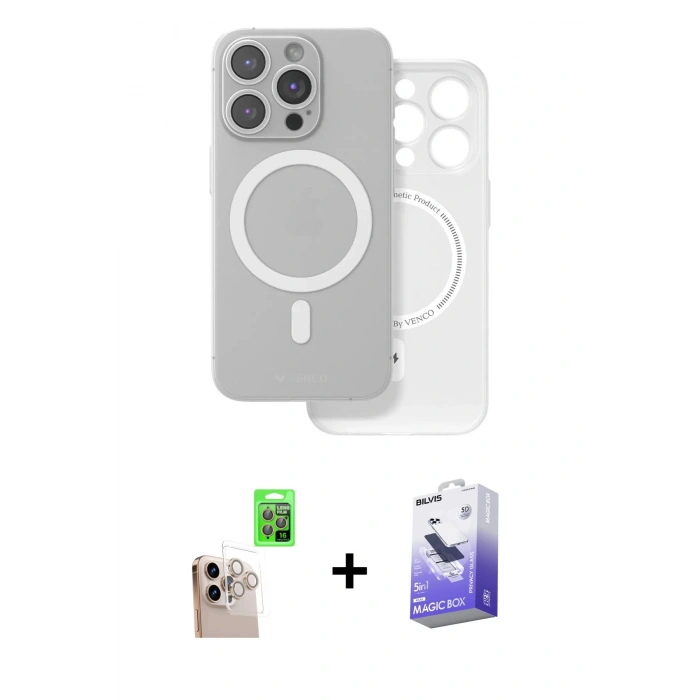 MARSİLYAN™- iPhone 16 Pro Max Kılıf Çekirdek Klasik - Siyah Bilvis 5in1 5D Magic Hayalet Cam Ekran Koruyucu + Natural Grey Raze Metal Kamera Lens