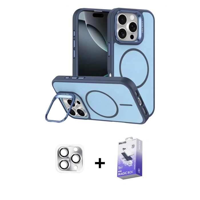 MARSİLYAN™- iPhone 16 Pro Max Kılıf Çekirdek Klasik - Siyah Bilvis 5in1 5D Magic Hayalet Cam Ekran Koruyucu + Pers Alüminyum Kamera Lens - GS