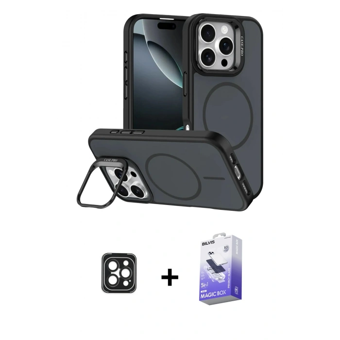 MARSİLYAN™- iPhone 16 Pro Max Kılıf Çekirdek Klasik - Siyah Bilvis 5in1 5D Magic Hayalet Cam Ekran Koruyucu + PVD Metal Kamera Lens - SH