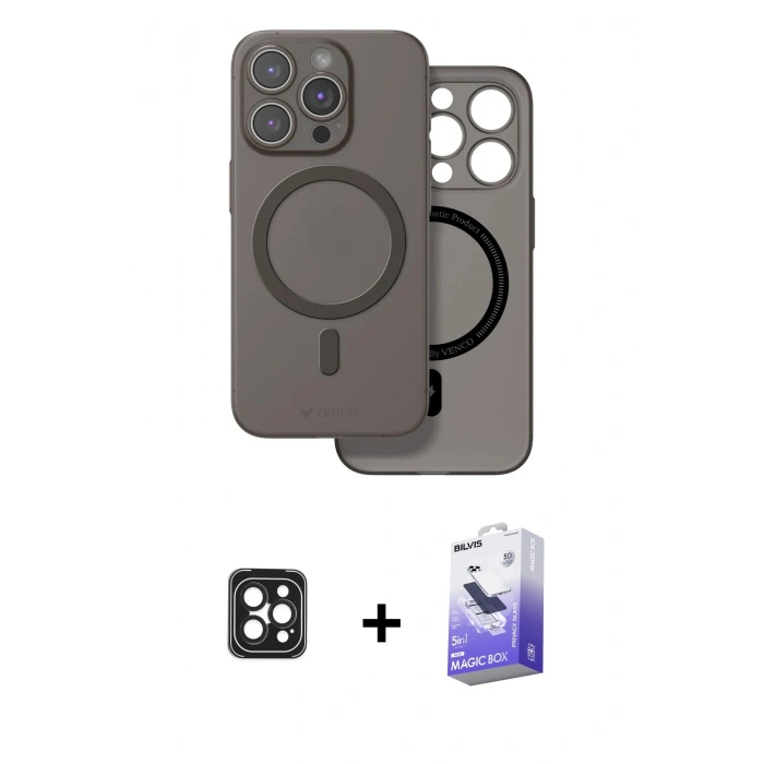 MARSİLYAN™- iPhone 16 Pro Max Kılıf Çekirdek Klasik - Siyah Bilvis 5in1 5D Magic Hayalet Cam Ekran Koruyucu + PVD Metal Kamera Lens - SH
