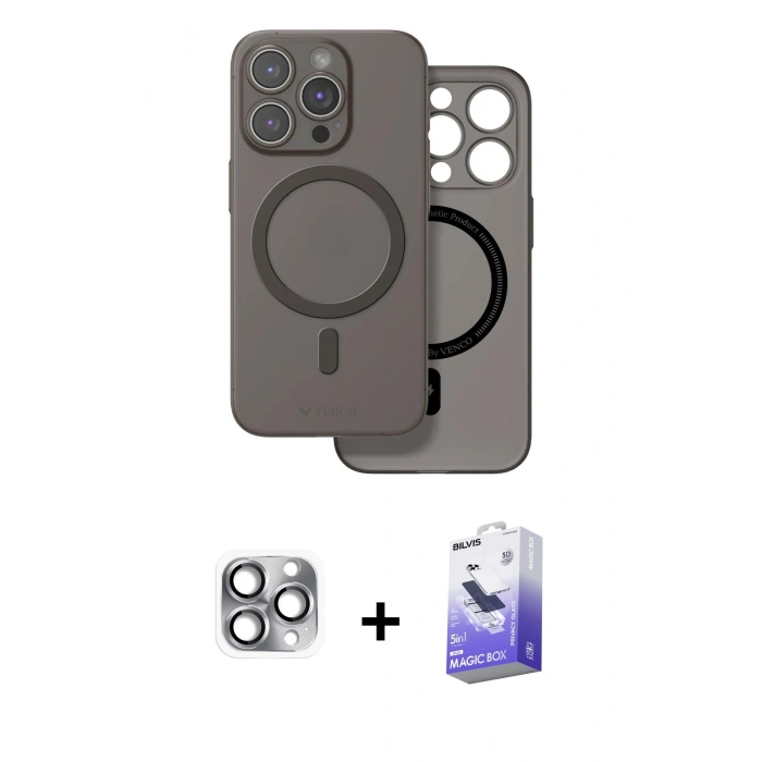 MARSİLYAN™- iPhone 16 Pro Max Kılıf Çekirdek Klasik - Siyah Bilvis 5in1 5D Magic Hayalet Cam Ekran Koruyucu + Pers Alüminyum Kamera Lens - GI