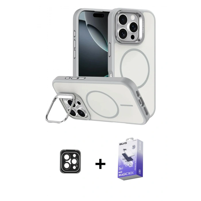 MARSİLYAN™- iPhone 16 Pro Max Kılıf Çekirdek Klasik - Siyah Bilvis 5in1 5D Magic Hayalet Cam Ekran Koruyucu + PVD Metal Kamera Lens - SH