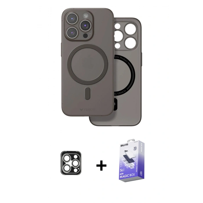 MARSİLYAN™- iPhone 16 Pro Max Kılıf Çekirdek Klasik - Siyah Bilvis 5in1 5D Magic Hayalet Cam Ekran Koruyucu + PVD Metal Kamera Lens - GS