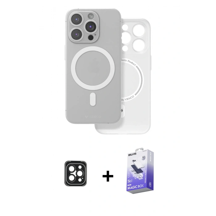 MARSİLYAN™- iPhone 16 Pro Max Kılıf Çekirdek Klasik - Siyah Bilvis 5in1 5D Magic Hayalet Cam Ekran Koruyucu + PVD Metal Kamera Lens - SH