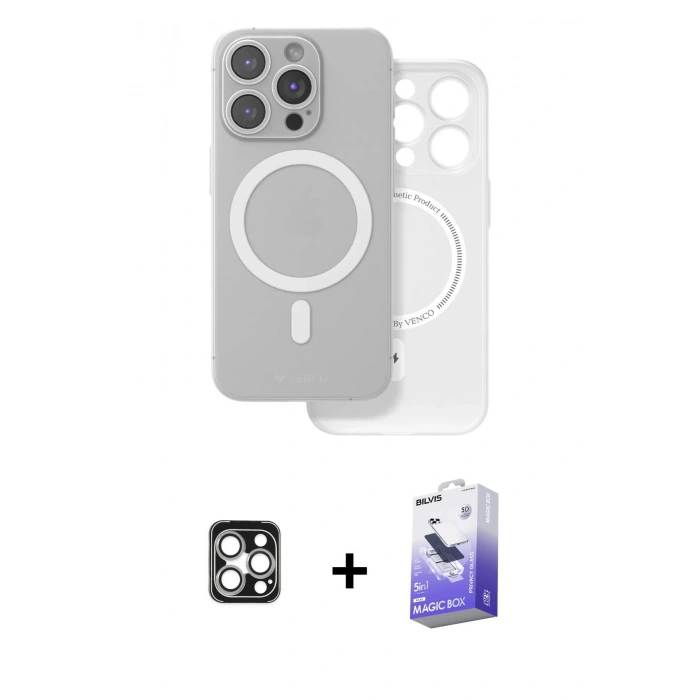 MARSİLYAN™- iPhone 16 Pro Max Kılıf Çekirdek Klasik - Siyah Bilvis 5in1 5D Magic Hayalet Cam Ekran Koruyucu + PVD Metal Kamera Lens - GS