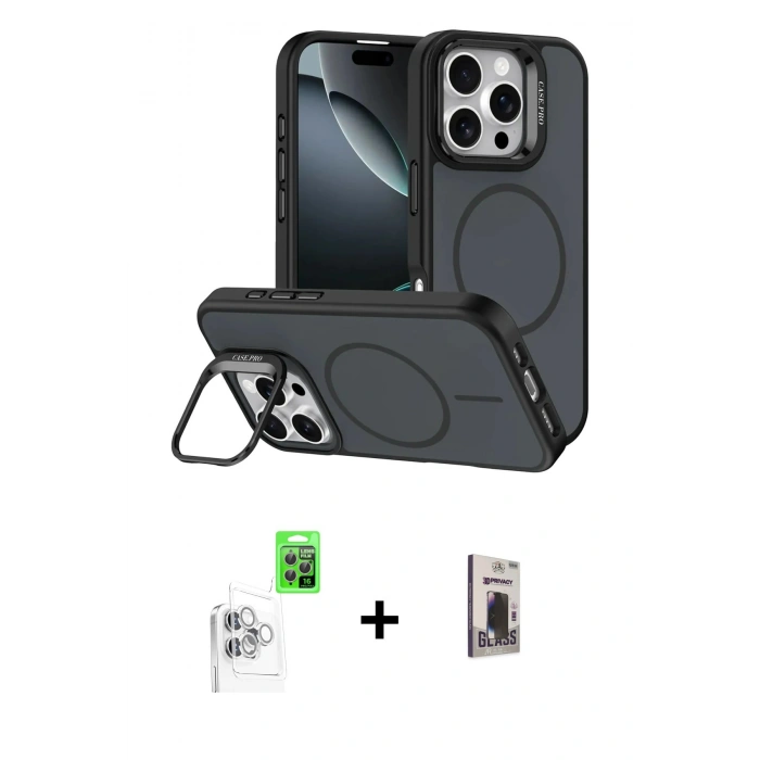 MARSİLYAN™- iPhone 16 Pro Max Kılıf Çekirdek Klasik - Siyah Bilvis Hayalet Cam Ekran Koruyucu + Raze Metal Kamera Lens - BZ