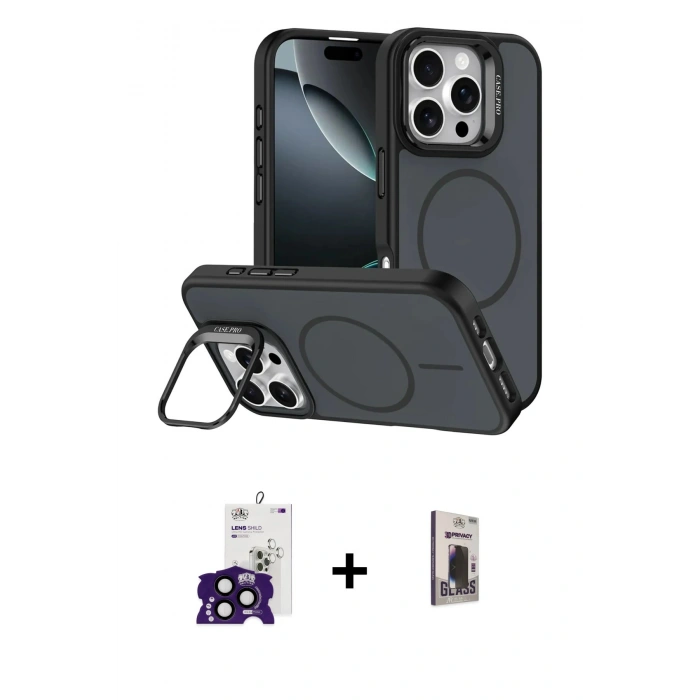 MARSİLYAN™- iPhone 16 Pro Max Kılıf Çekirdek Klasik - Siyah Bilvis Hayalet Cam Ekran Koruyucu + Bilvis Titan Kamera Lens - SH