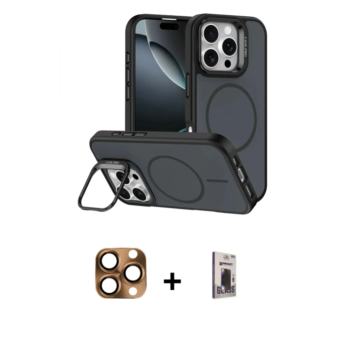 MARSİLYAN™- iPhone 16 Pro Max Kılıf Çekirdek Klasik - Siyah Bilvis Hayalet Cam Ekran Koruyucu + Pers Alüminyum Kamera Lens - CLTM