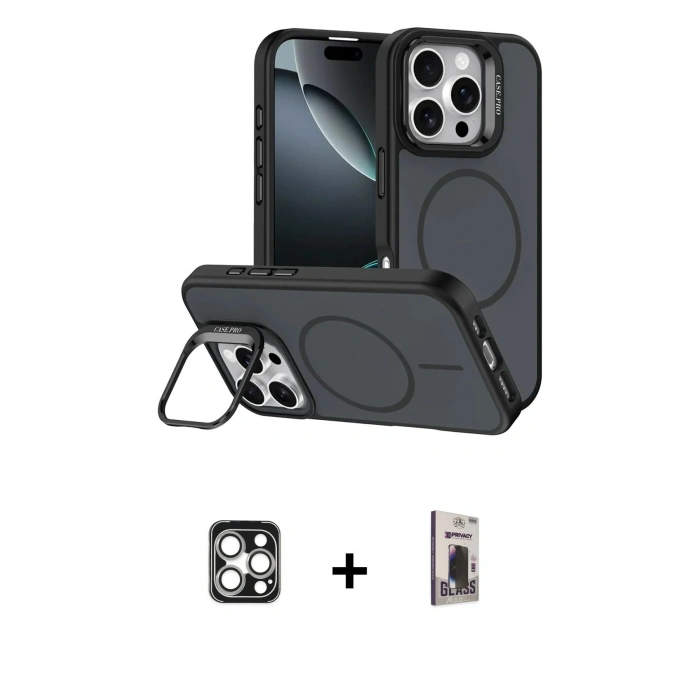MARSİLYAN™- iPhone 16 Pro Max Kılıf Çekirdek Klasik - Siyah Bilvis Hayalet Cam Ekran Koruyucu + PVD Metal Kamera Lens - GS