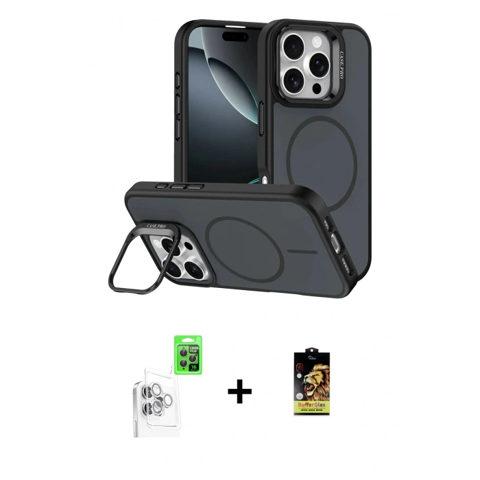 MARSİLYAN™- iPhone 16 Pro Max Kılıf Çekirdek Klasik - Siyah Buffer Cam Ekran Koruyucu + Raze Metal Kamera Lens - BZ
