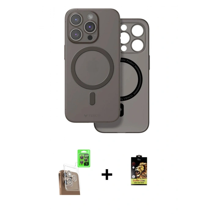 MARSİLYAN™- iPhone 16 Pro Max Kılıf Çekirdek Klasik - Siyah Buffer Cam Ekran Koruyucu + Raze Metal Kamera Lens - CLTM