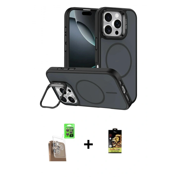 MARSİLYAN™- iPhone 16 Pro Max Kılıf Çekirdek Klasik - Siyah Buffer Cam Ekran Koruyucu + Raze Metal Kamera Lens - CLTM