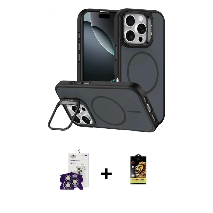 MARSİLYAN™- iPhone 16 Pro Max Kılıf Çekirdek Klasik - Siyah Buffer Cam Ekran Koruyucu + Bilvis Titan Kamera Lens - GS