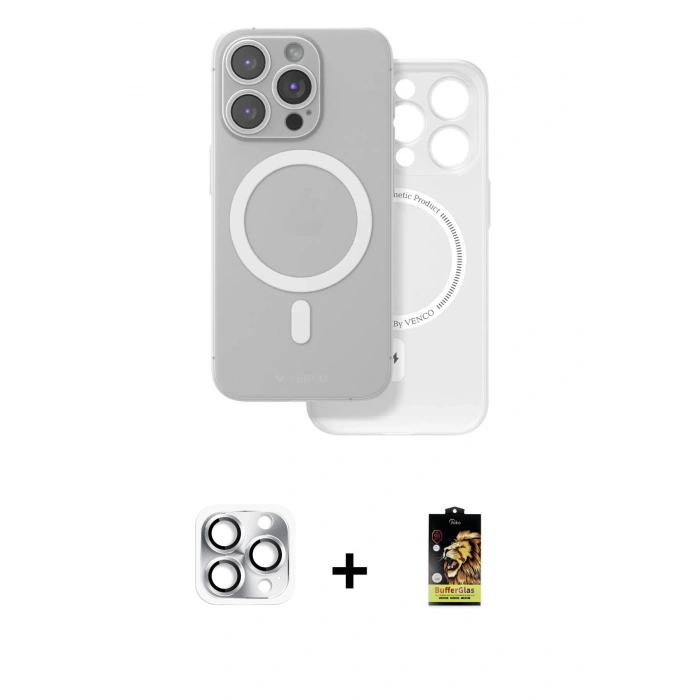 MARSİLYAN™- iPhone 16 Pro Max Kılıf Çekirdek Klasik - Siyah Buffer Cam Ekran Koruyucu + Gümüş Pers Alüminyum Kamera Lens
