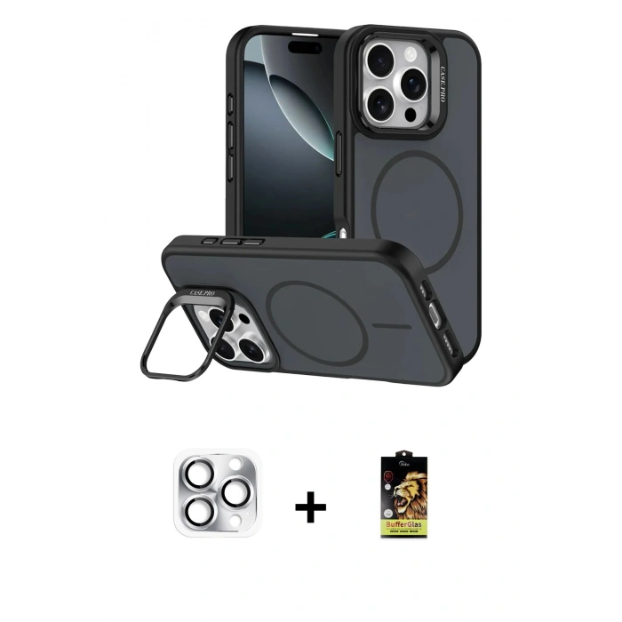 MARSİLYAN™- iPhone 16 Pro Max Kılıf Çekirdek Klasik - Siyah Buffer Cam Ekran Koruyucu + Pers Alüminyum Kamera Lens - GS