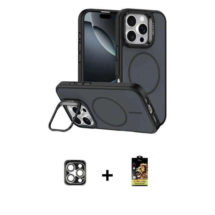 MARSİLYAN™- iPhone 16 Pro Max Kılıf Çekirdek Klasik - Siyah Buffer Cam Ekran Koruyucu + PVD Metal Kamera Lens - GS
