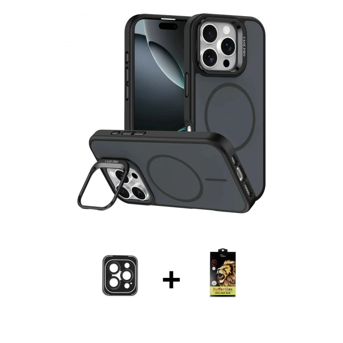 MARSİLYAN™- iPhone 16 Pro Max Kılıf Çekirdek Klasik - Siyah Buffer Cam Ekran Koruyucu + PVD Metal Kamera Lens - SH