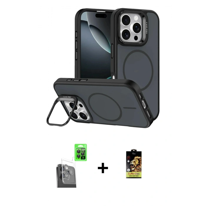 MARSİLYAN™- iPhone 16 Pro Max Kılıf Çekirdek Klasik - Siyah Buffer Cam Ekran Koruyucu + Raze Metal Kamera Lens - SH