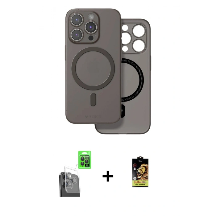 MARSİLYAN™- iPhone 16 Pro Max Kılıf Çekirdek Klasik - Siyah Buffer Cam Ekran Koruyucu + Raze Metal Kamera Lens - SH
