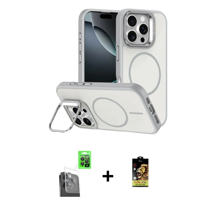 MARSİLYAN™- iPhone 16 Pro Max Kılıf Çekirdek Klasik - Siyah Buffer Cam Ekran Koruyucu + Raze Metal Kamera Lens - SH