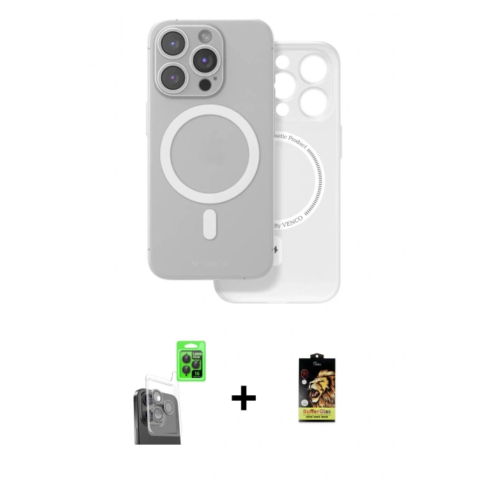 MARSİLYAN™- iPhone 16 Pro Max Kılıf Çekirdek Klasik - Siyah Buffer Cam Ekran Koruyucu + Raze Metal Kamera Lens - SH