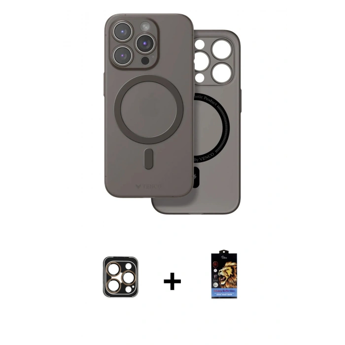 MARSİLYAN™- iPhone 16 Pro Max Kılıf Çekirdek Klasik - Siyah Buffer Hayalet Cam Ekran Koruyucu + Gold PVD Metal Kamera Lens