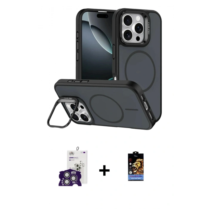 MARSİLYAN™- iPhone 16 Pro Max Kılıf Çekirdek Klasik - Siyah Buffer Hayalet Cam Ekran Koruyucu + Bilvis Titan Kamera Lens - GS