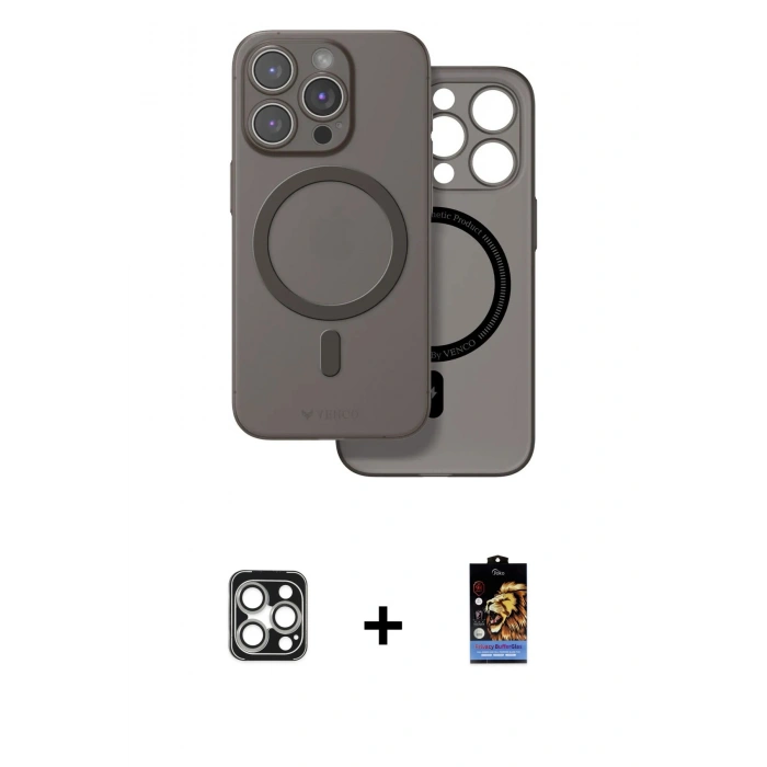 MARSİLYAN™- iPhone 16 Pro Max Kılıf Çekirdek Klasik - Siyah Buffer Hayalet Cam Ekran Koruyucu + PVD Metal Kamera Lens - GS
