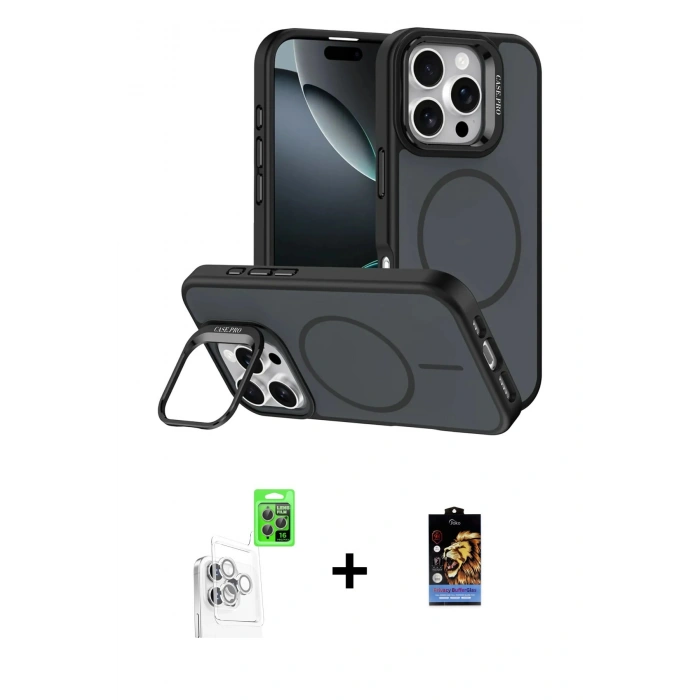 MARSİLYAN™- iPhone 16 Pro Max Kılıf Çekirdek Klasik - Siyah Buffer Hayalet Cam Ekran Koruyucu + Raze Metal Kamera Lens - BZ