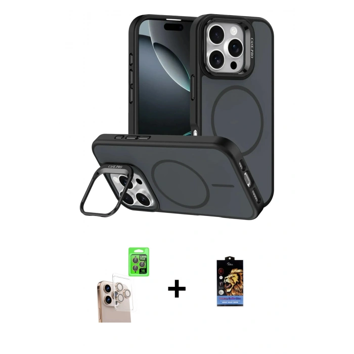 MARSİLYAN™- iPhone 16 Pro Max Kılıf Çekirdek Klasik - Siyah Buffer Hayalet Cam Ekran Koruyucu + Raze Metal Kamera Lens - NLGY