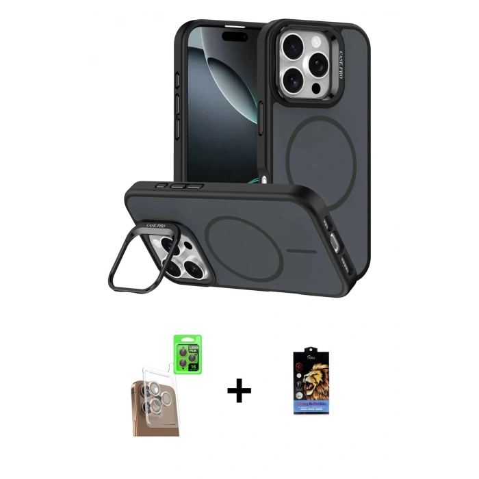 MARSİLYAN™- iPhone 16 Pro Max Kılıf Çekirdek Klasik - Siyah Buffer Hayalet Cam Ekran Koruyucu + Raze Metal Kamera Lens - CLTM