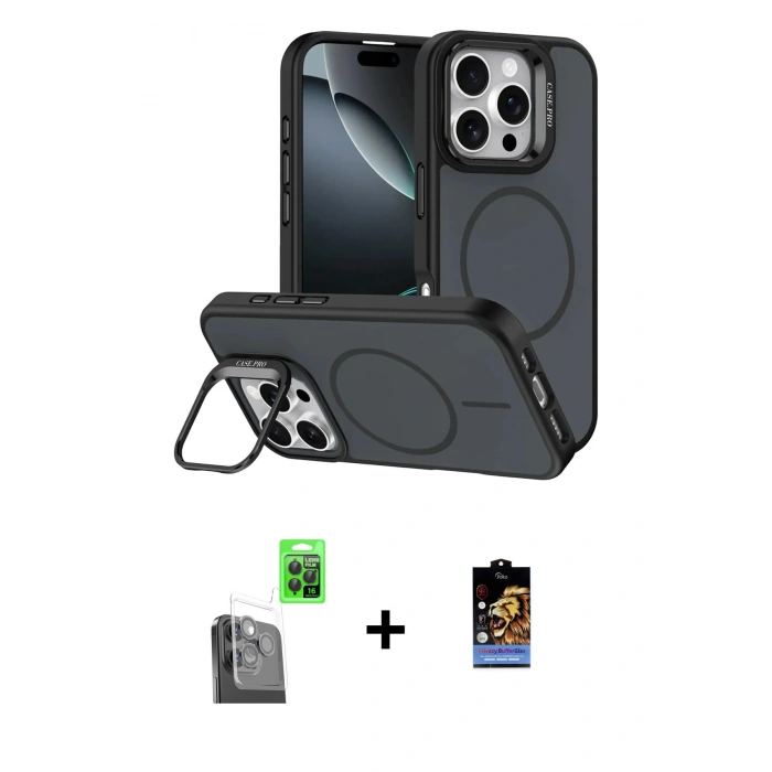 MARSİLYAN™- iPhone 16 Pro Max Kılıf Çekirdek Klasik - Siyah Buffer Hayalet Cam Ekran Koruyucu + Siyah Raze Metal Kamera Lens