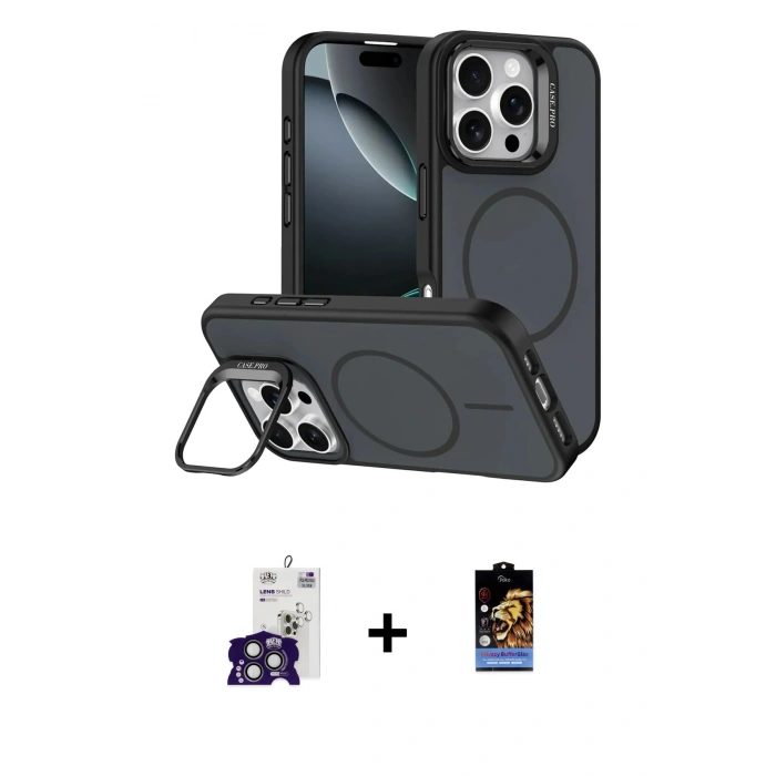 MARSİLYAN™- iPhone 16 Pro Max Kılıf Çekirdek Klasik - Siyah Buffer Hayalet Cam Ekran Koruyucu + Bilvis Titan Kamera Lens - TMGI