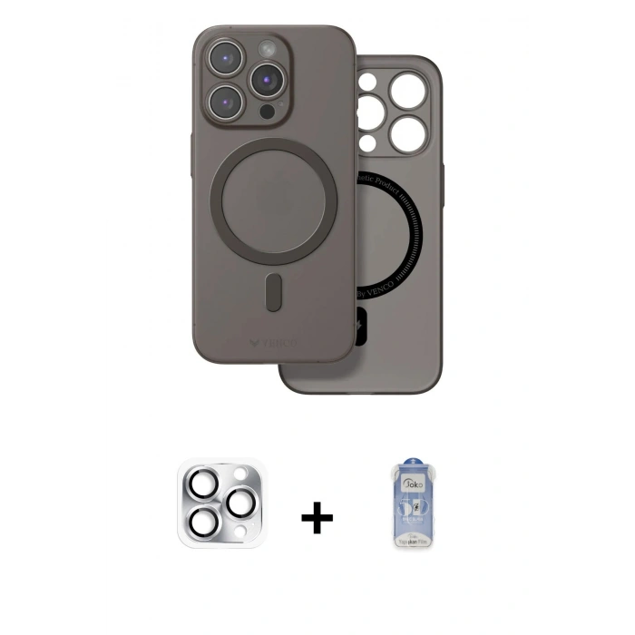 MARSİLYAN™- iPhone 16 Pro Max Kılıf Çekirdek Klasik - Siyah Joko Magic 5D Cam + Pers Alüminyum Kamera Lens - GS