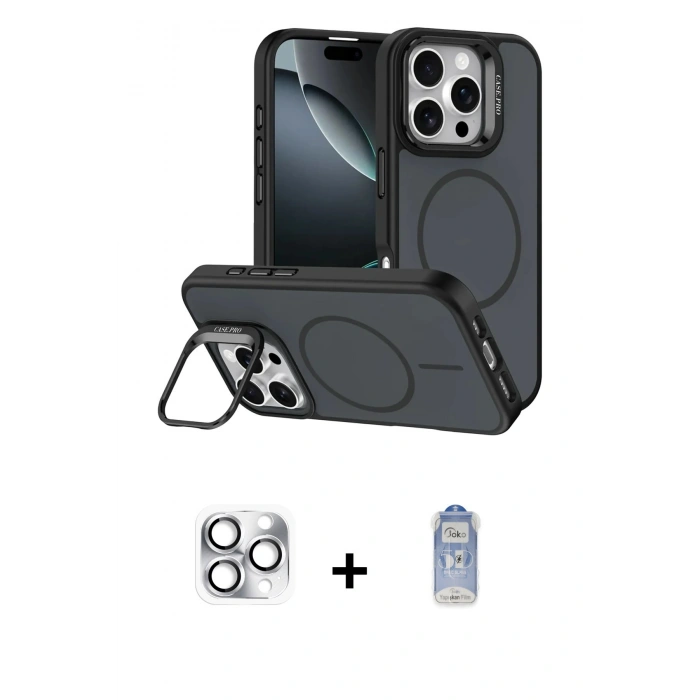 MARSİLYAN™- iPhone 16 Pro Max Kılıf Çekirdek Klasik - Siyah Joko Magic 5D Cam + Pers Alüminyum Kamera Lens - GS