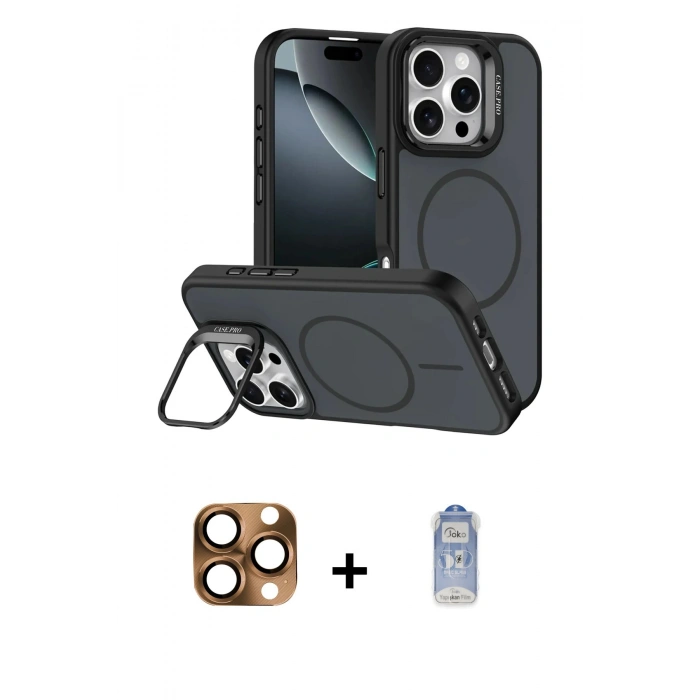 MARSİLYAN™- iPhone 16 Pro Max Kılıf Çekirdek Klasik - Siyah Joko Magic 5D Cam + Pers Alüminyum Kamera Lens - CLTM