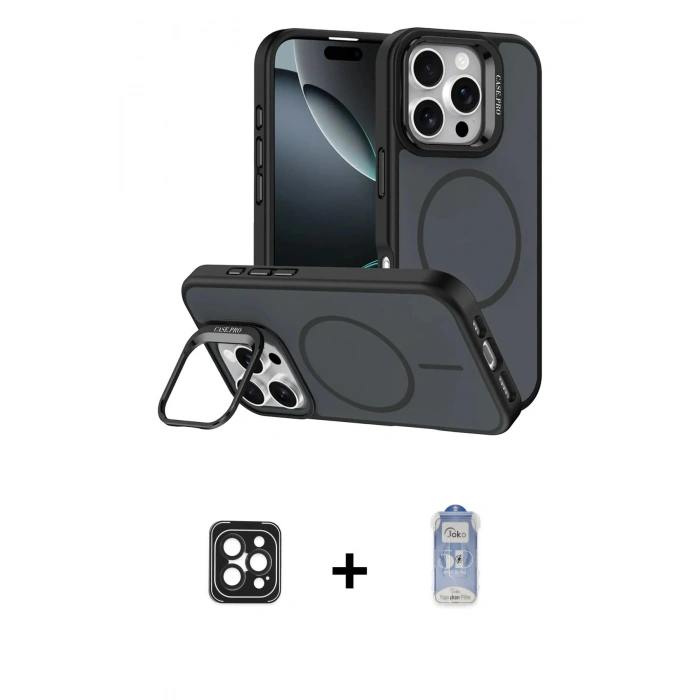 MARSİLYAN™- iPhone 16 Pro Max Kılıf Çekirdek Klasik - Siyah Joko Magic 5D Cam + Siyah PVD Metal Kamera Lens