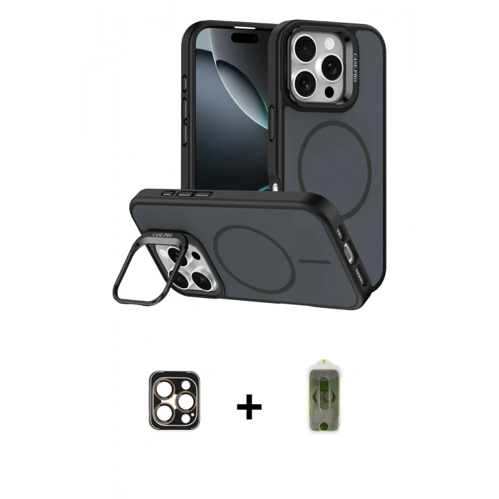MARSİLYAN™- iPhone 16 Pro Max Kılıf Çekirdek Klasik - Siyah Joko Magic 5D Hayalet Cam + Gold PVD Metal Kamera Lens