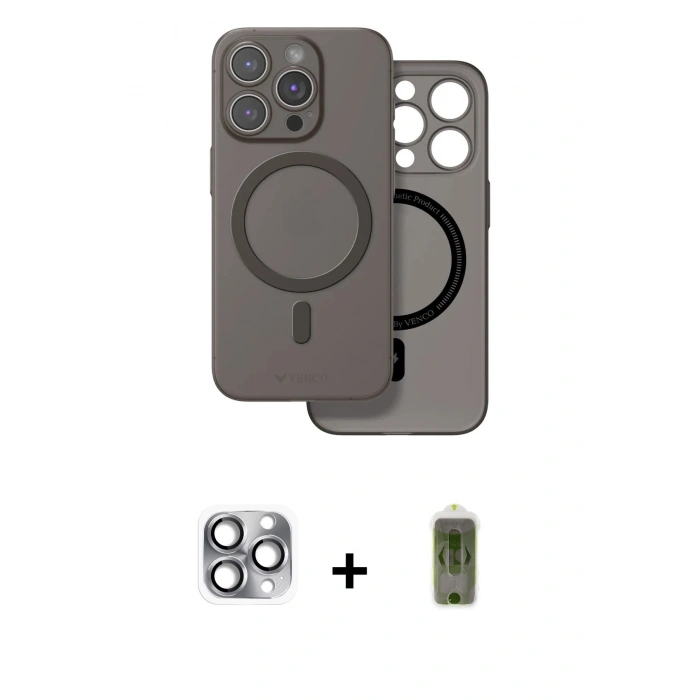 MARSİLYAN™- iPhone 16 Pro Max Kılıf Çekirdek Klasik - Siyah Joko Magic 5D Hayalet Cam + Gri Pers Alüminyum Kamera Lens
