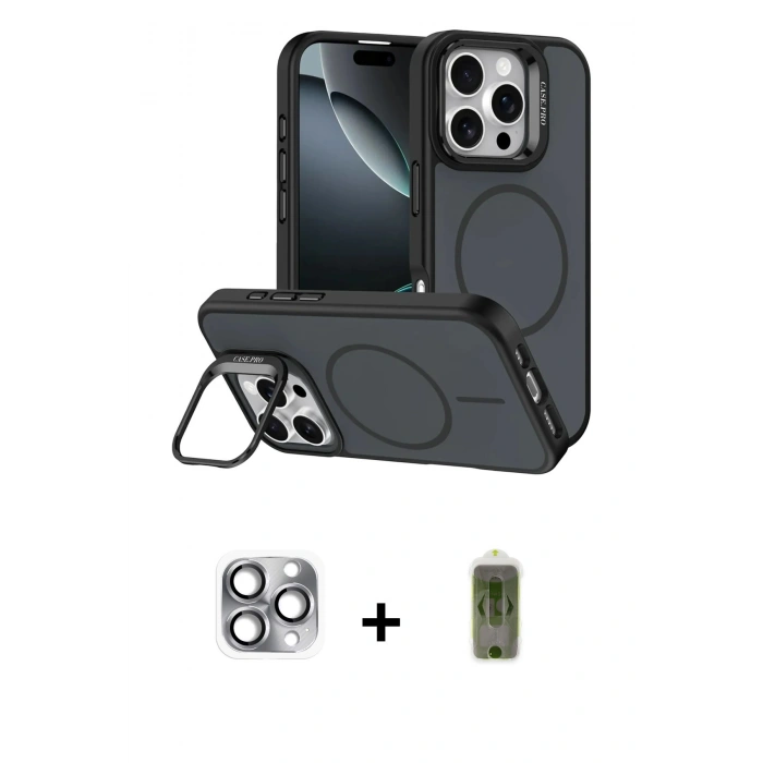 MARSİLYAN™- iPhone 16 Pro Max Kılıf Çekirdek Klasik - Siyah Joko Magic 5D Hayalet Cam + Gri Pers Alüminyum Kamera Lens