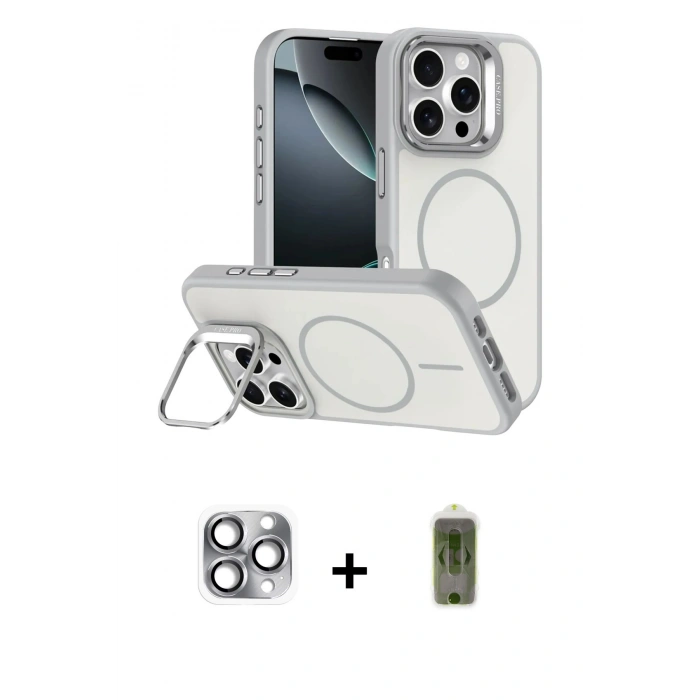 MARSİLYAN™- iPhone 16 Pro Max Kılıf Çekirdek Klasik - Siyah Joko Magic 5D Hayalet Cam + Gri Pers Alüminyum Kamera Lens